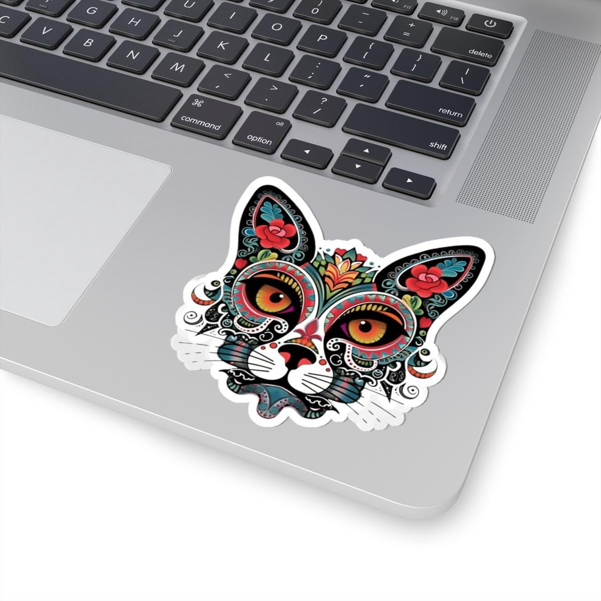 ColorFlow | Sugar Skull Cat Sticker with Floral Rose Ears and Mandala Accents | Day of the Dead Calavera Kitty Vinyl Decal