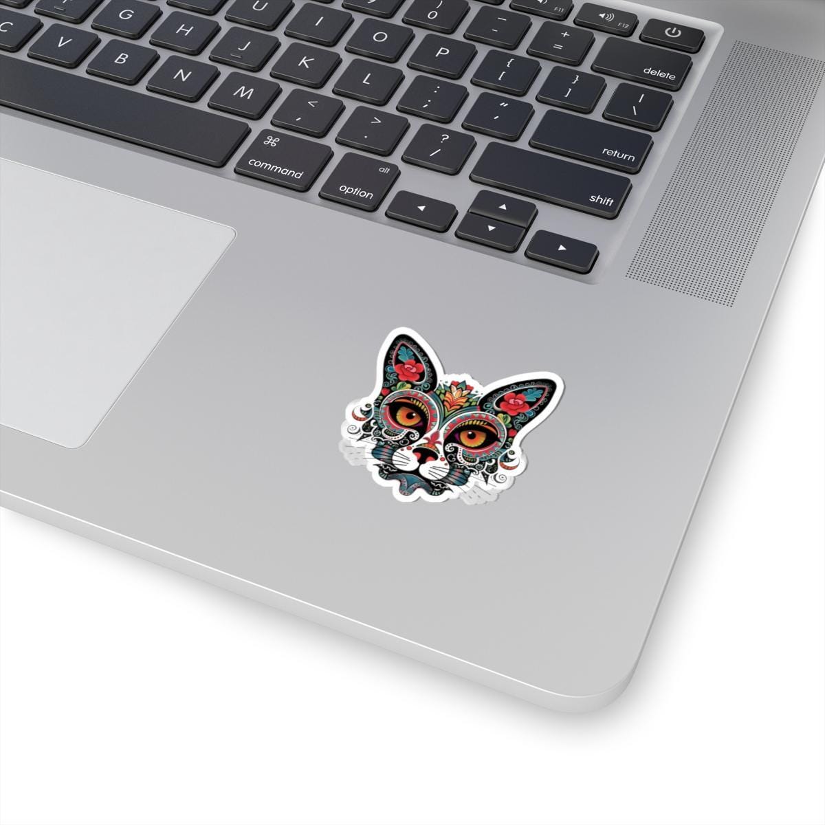 ColorFlow | Sugar Skull Cat Sticker with Floral Rose Ears and Mandala Accents | Day of the Dead Calavera Kitty Vinyl Decal