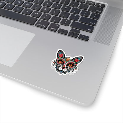 ColorFlow | Sugar Skull Cat Sticker with Floral Rose Ears and Mandala Accents | Day of the Dead Calavera Kitty Vinyl Decal
