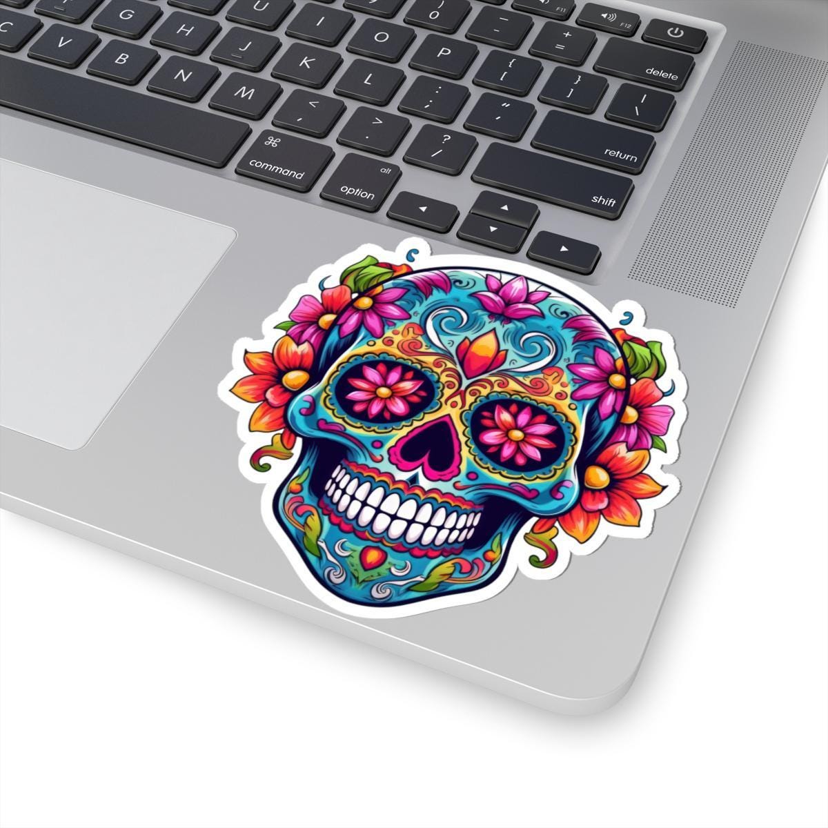 Teal Sugar Skull Sticker: Floral Calavera, Waterproof Vinyl Decal
