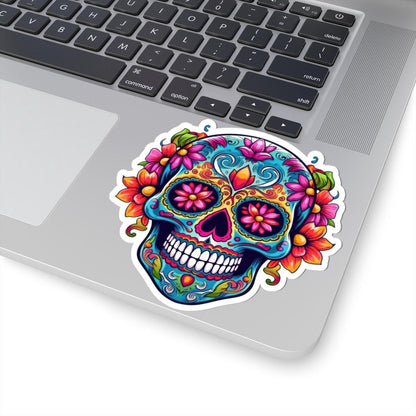 Teal Sugar Skull Sticker: Floral Calavera, Waterproof Vinyl Decal