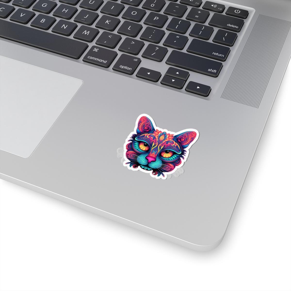 Trippy Cat Sticker: Neon Floral Psychedelic Vinyl Decal