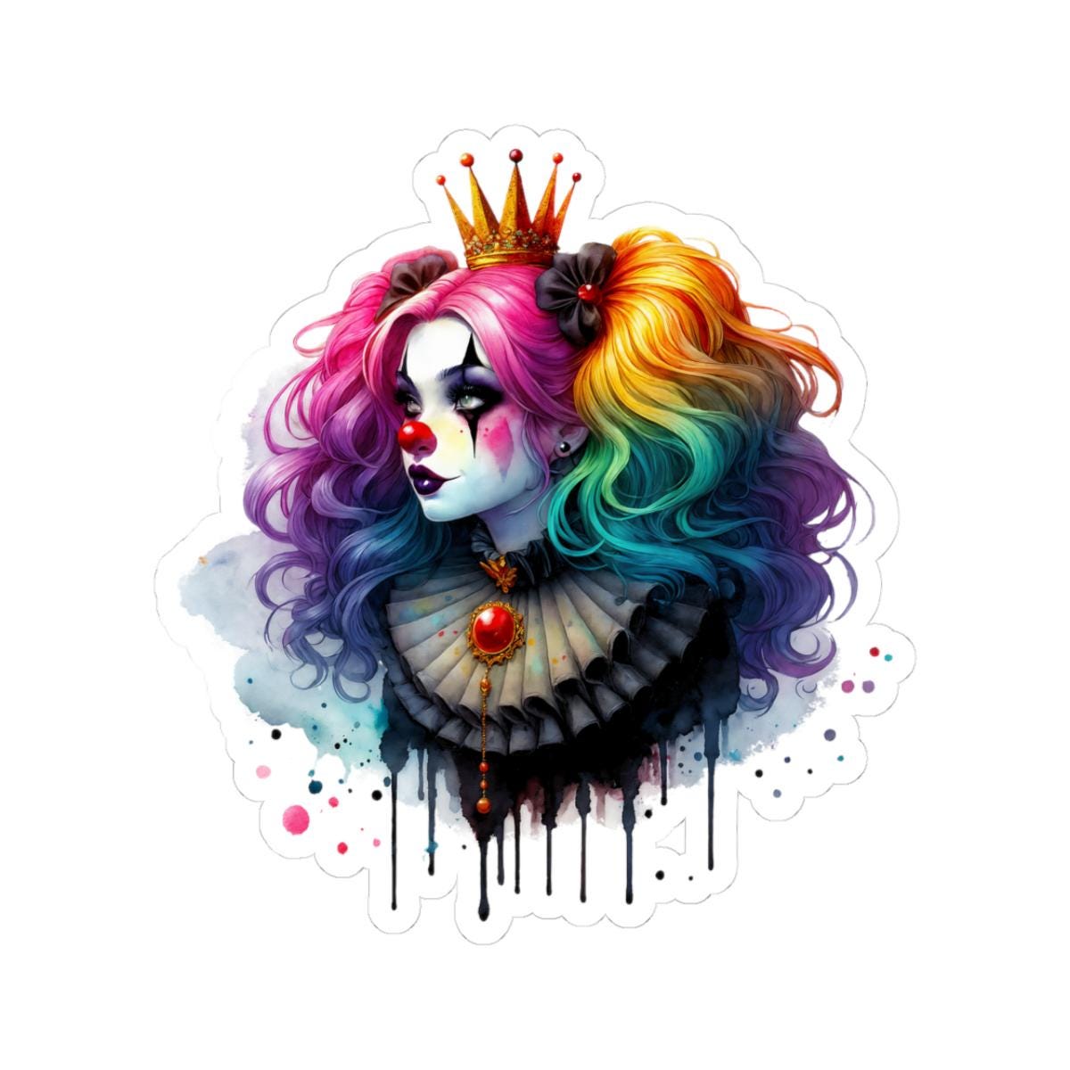 Rainbow Clown Queen Sticker: Gothic Circus Art, Glossy Vinyl