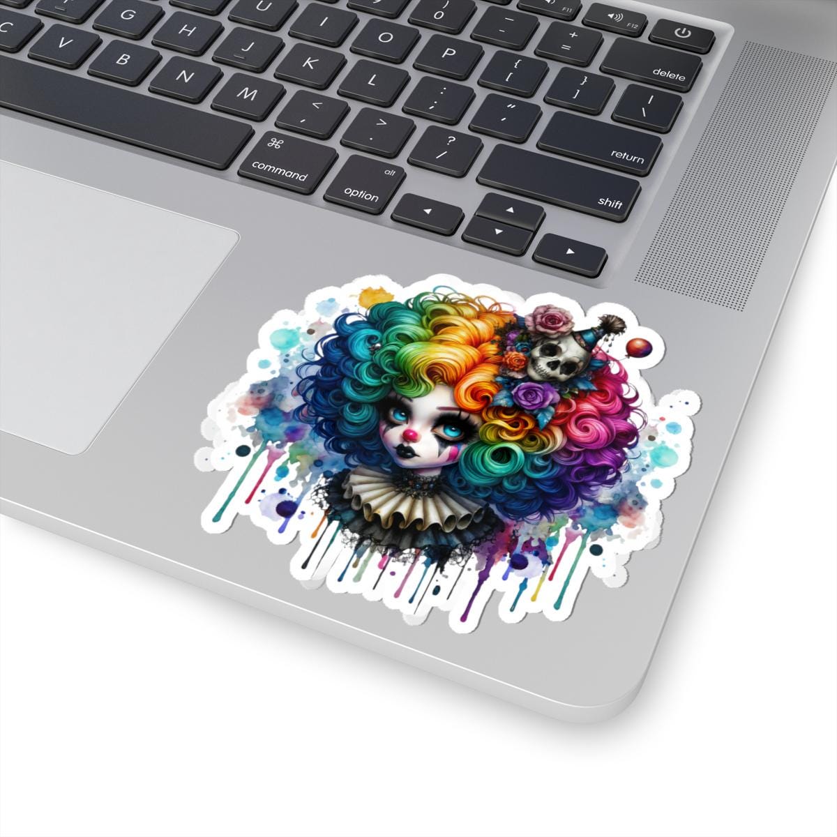 ColorFlow | Gothic Rainbow Clown Skull Sticker | Creepy Cute Circuscore Vinyl Decal | Spooky Alternative Laptop Art