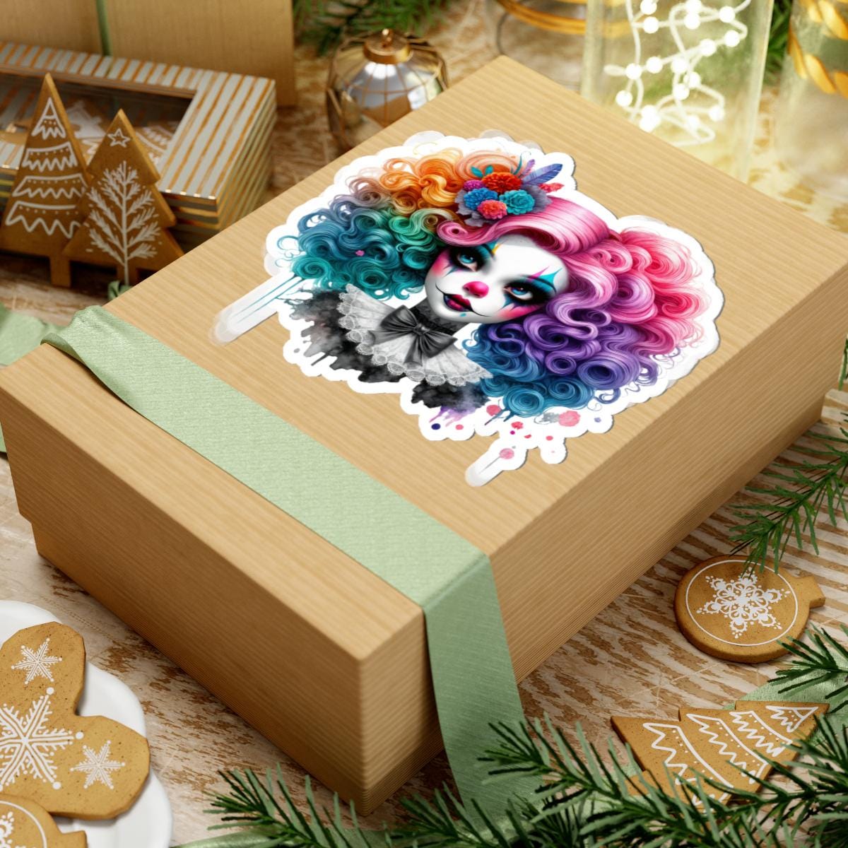 Rainbow Clown Girl Sticker: Vintage Circus Art, Floral Goth Decal