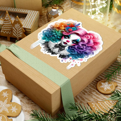 Rainbow Clown Girl Sticker: Vintage Circus Art, Floral Goth Decal