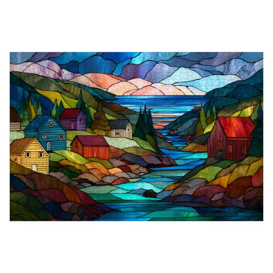 ColorFlow | Wooden Jigsaw Puzzle | Stained Glass Mountain Village Art Wood Puzzle for Adults and Kids | Relaxing Gift
