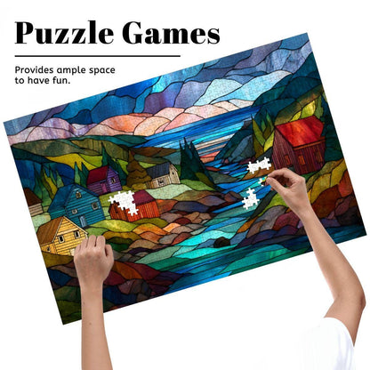 ColorFlow | Wooden Jigsaw Puzzle | Stained Glass Mountain Village Art Wood Puzzle for Adults and Kids | Relaxing Gift