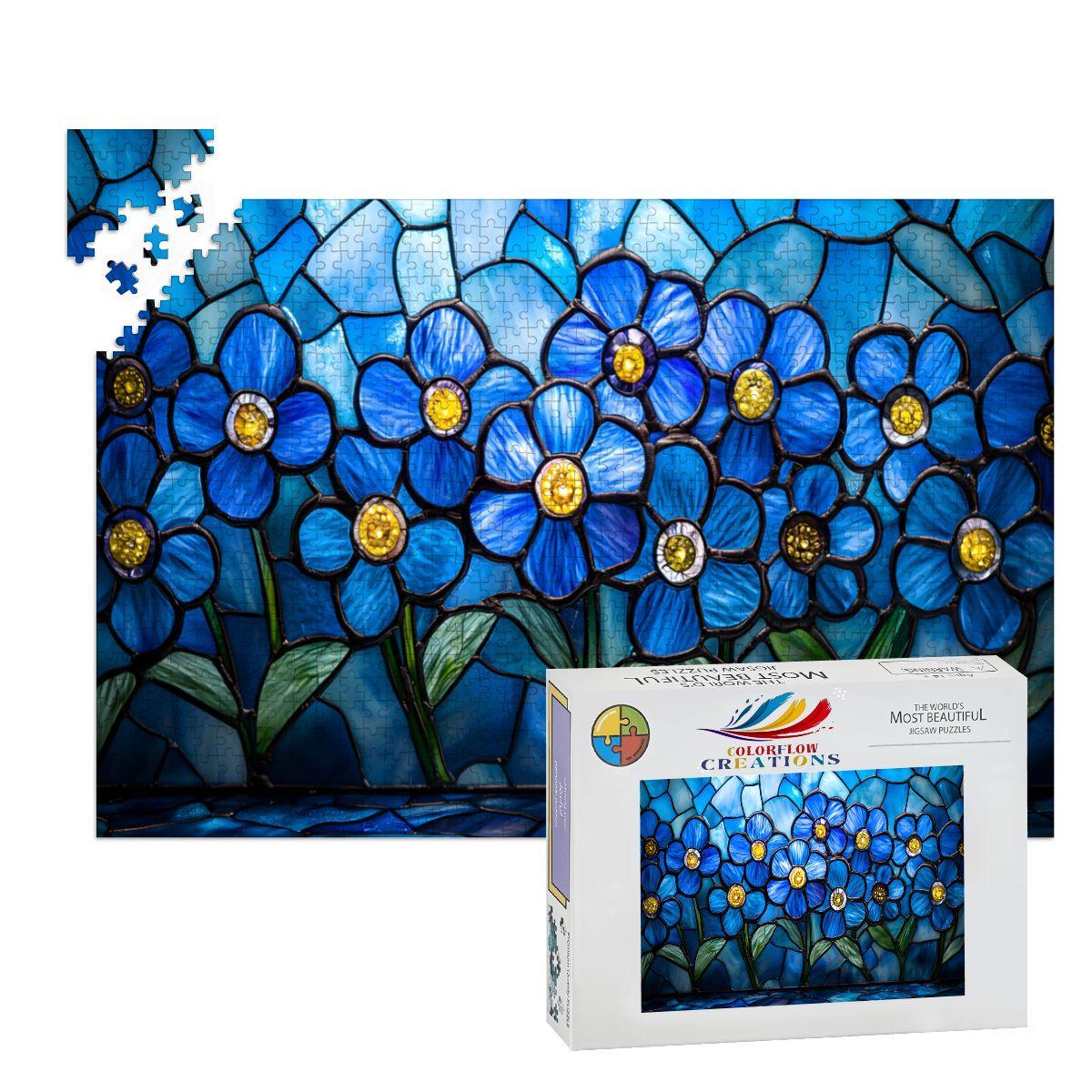ColorFlow | Wooden Jigsaw Puzzle | Stained Glass Blue Flower Art Wood Puzzle for Adults and Kids | Relaxing Gift