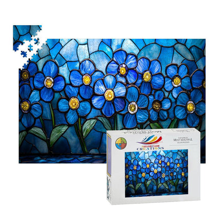 ColorFlow | Wooden Jigsaw Puzzle | Stained Glass Blue Flower Art Wood Puzzle for Adults and Kids | Relaxing Gift