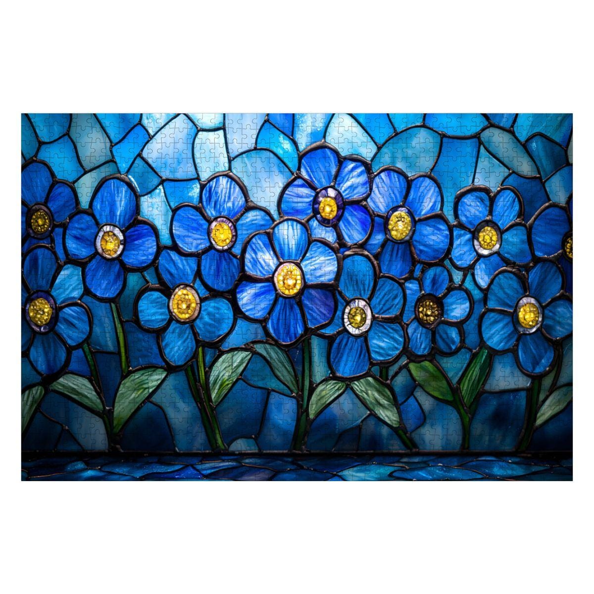 ColorFlow | Wooden Jigsaw Puzzle | Stained Glass Blue Flower Art Wood Puzzle for Adults and Kids | Relaxing Gift