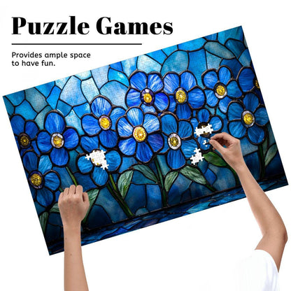 ColorFlow | Wooden Jigsaw Puzzle | Stained Glass Blue Flower Art Wood Puzzle for Adults and Kids | Relaxing Gift