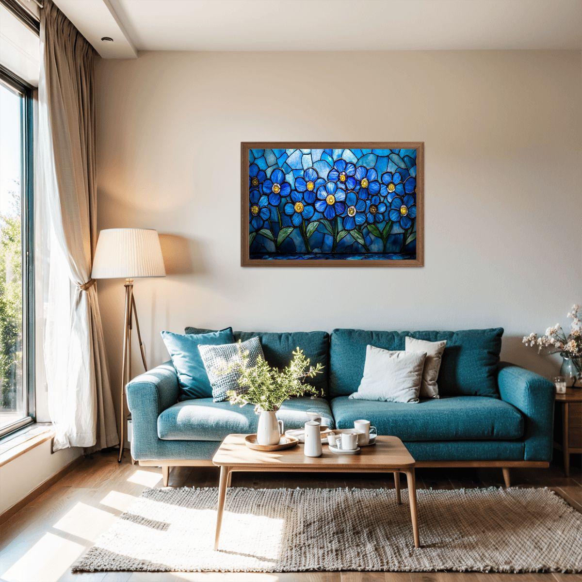 ColorFlow | Wooden Jigsaw Puzzle | Stained Glass Blue Flower Art Wood Puzzle for Adults and Kids | Relaxing Gift