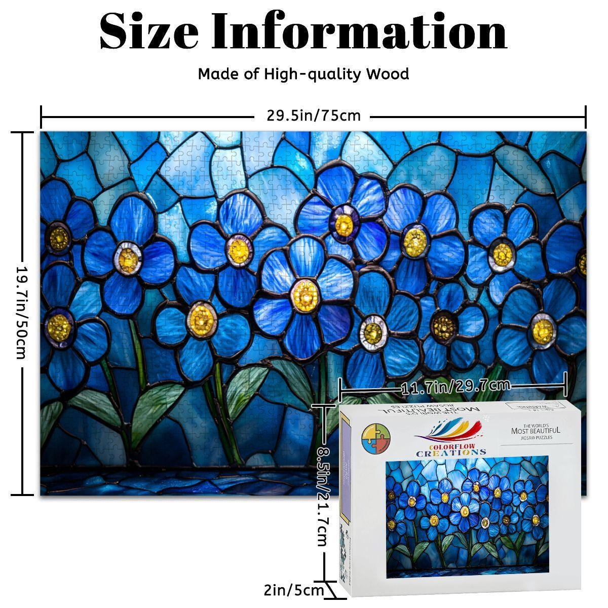 ColorFlow | Wooden Jigsaw Puzzle | Stained Glass Blue Flower Art Wood Puzzle for Adults and Kids | Relaxing Gift