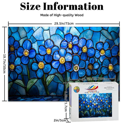 ColorFlow | Wooden Jigsaw Puzzle | Stained Glass Blue Flower Art Wood Puzzle for Adults and Kids | Relaxing Gift