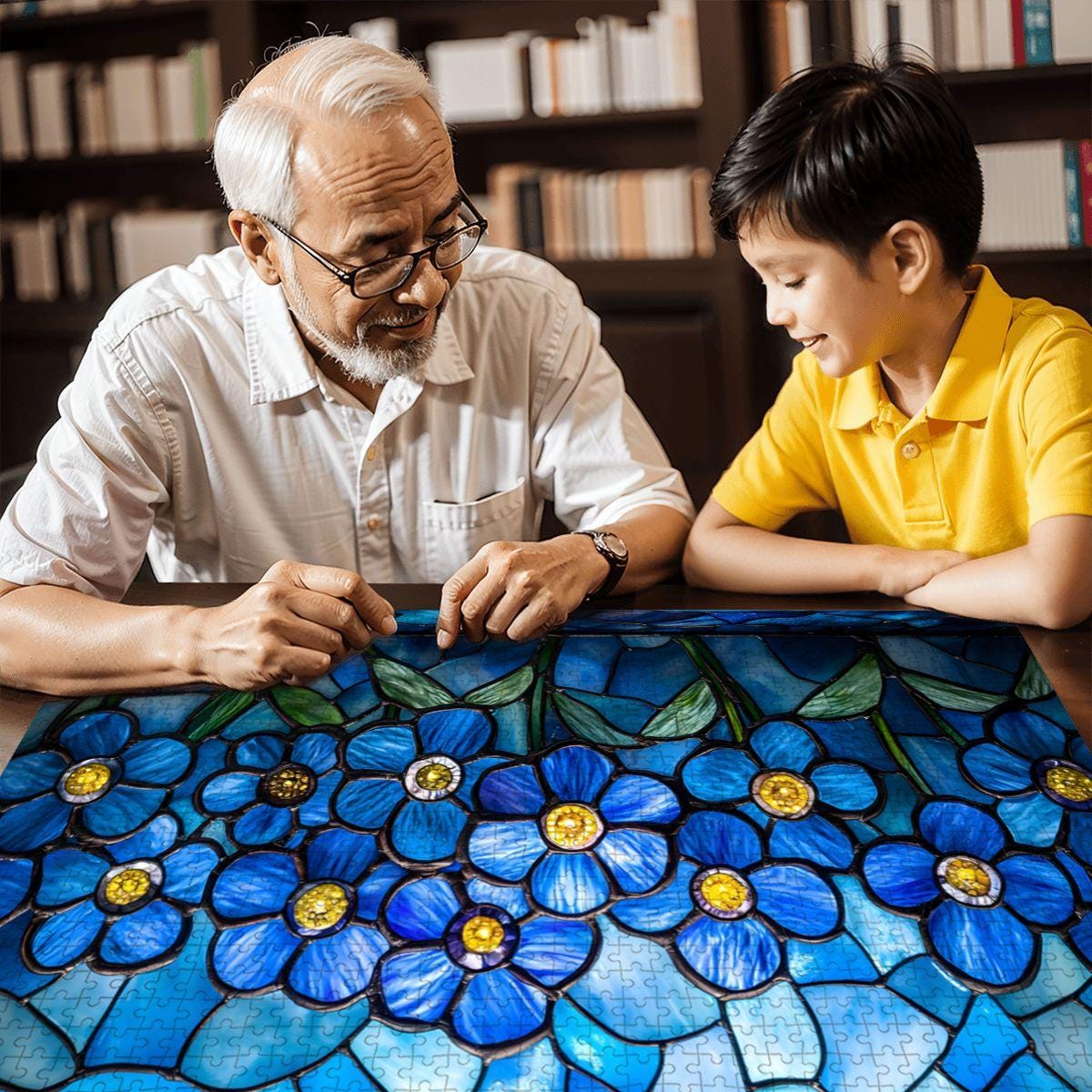 ColorFlow | Wooden Jigsaw Puzzle | Stained Glass Blue Flower Art Wood Puzzle for Adults and Kids | Relaxing Gift