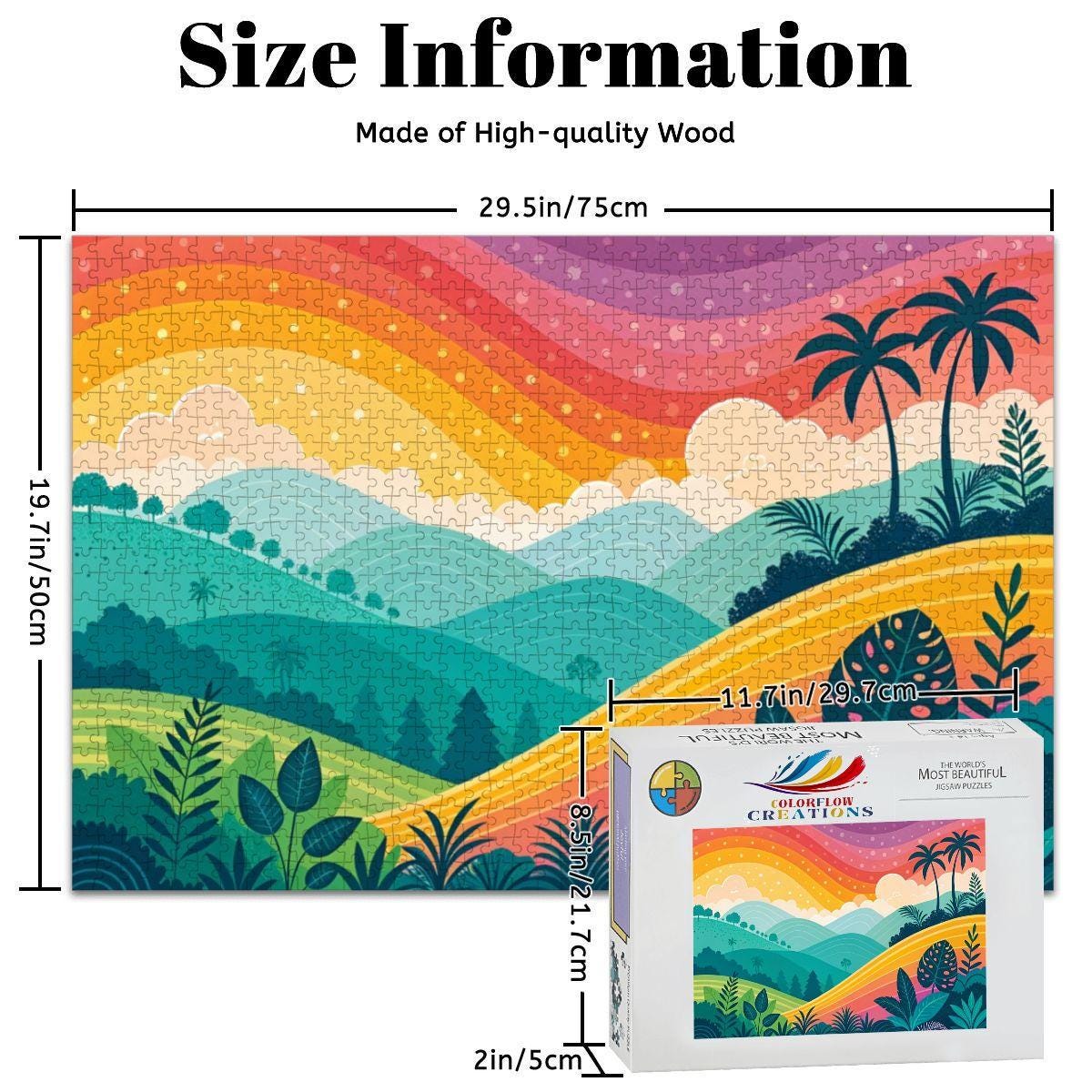 ColorFlow | Wooden Jigsaw Puzzle | Rainbow Sunset Tropics Art Wood Puzzle for Adults and Kids | Relaxing  Gift
