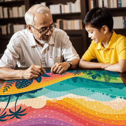 ColorFlow | Wooden Jigsaw Puzzle | Rainbow Sunset Tropics Art Wood Puzzle for Adults and Kids | Relaxing  Gift