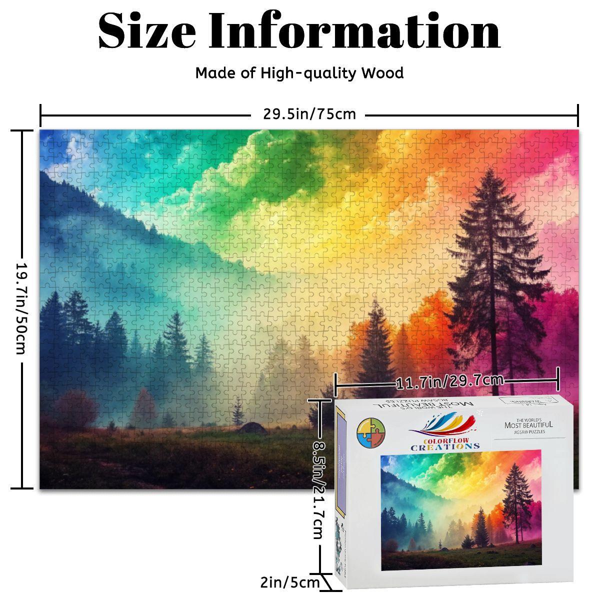 ColorFlow | Wooden Jigsaw Puzzle | Rainbow Mist Forest Art Wood Puzzle for Adults and Kids | Relaxing  Gift