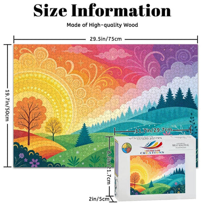 ColorFlow | Wooden Jigsaw Puzzle | Sunrise Whimsy Landscape Art Wood Puzzle for Adults and Kids | Relaxing  Gift