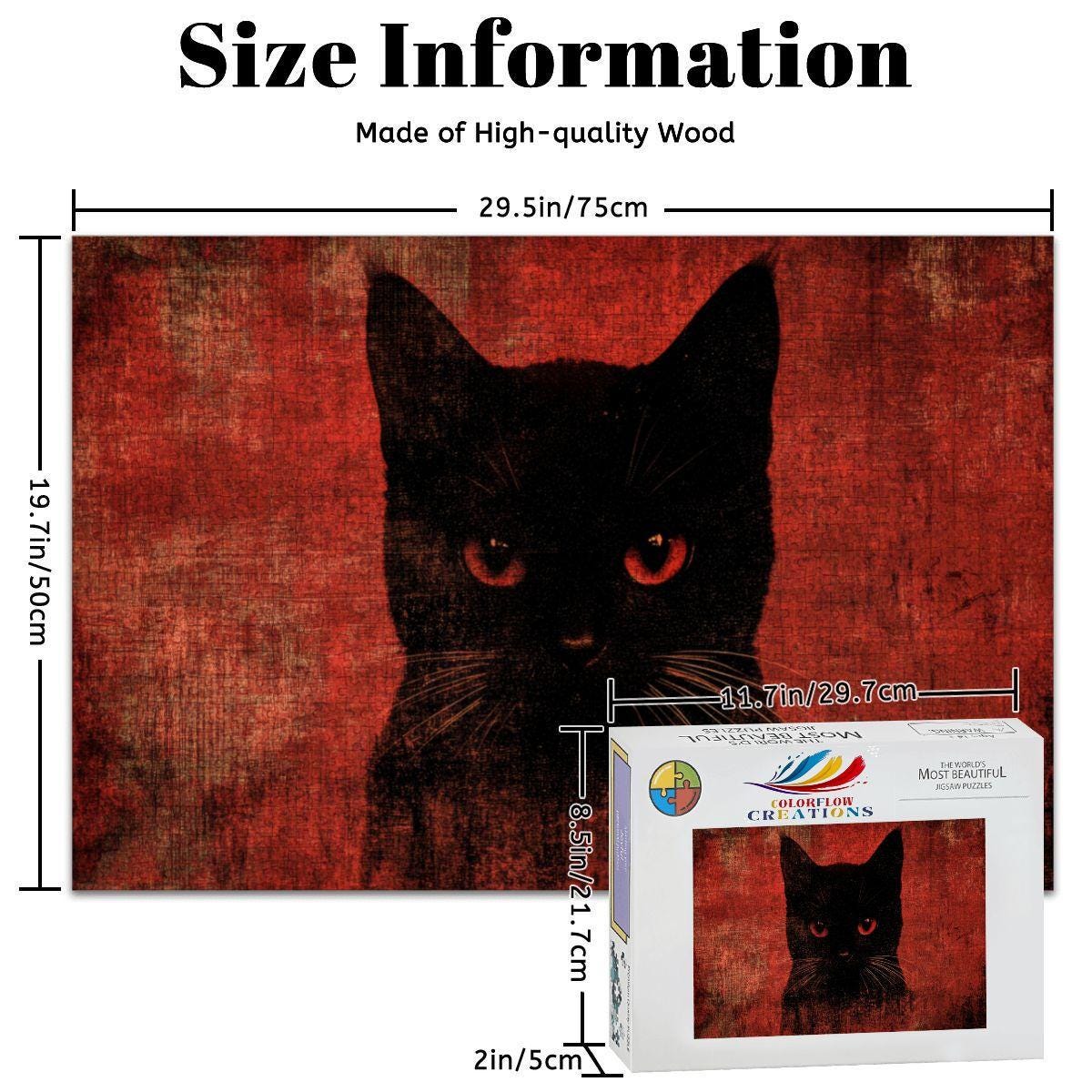ColorFlow | Wooden Jigsaw Puzzle | Black Cat Red Art Wood Puzzle for Adults and Kids | Relaxing  Puzzle Gift