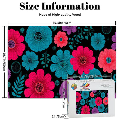 Retro Floral Wooden Jigsaw Puzzle | Vibrant Bloom Art Decor