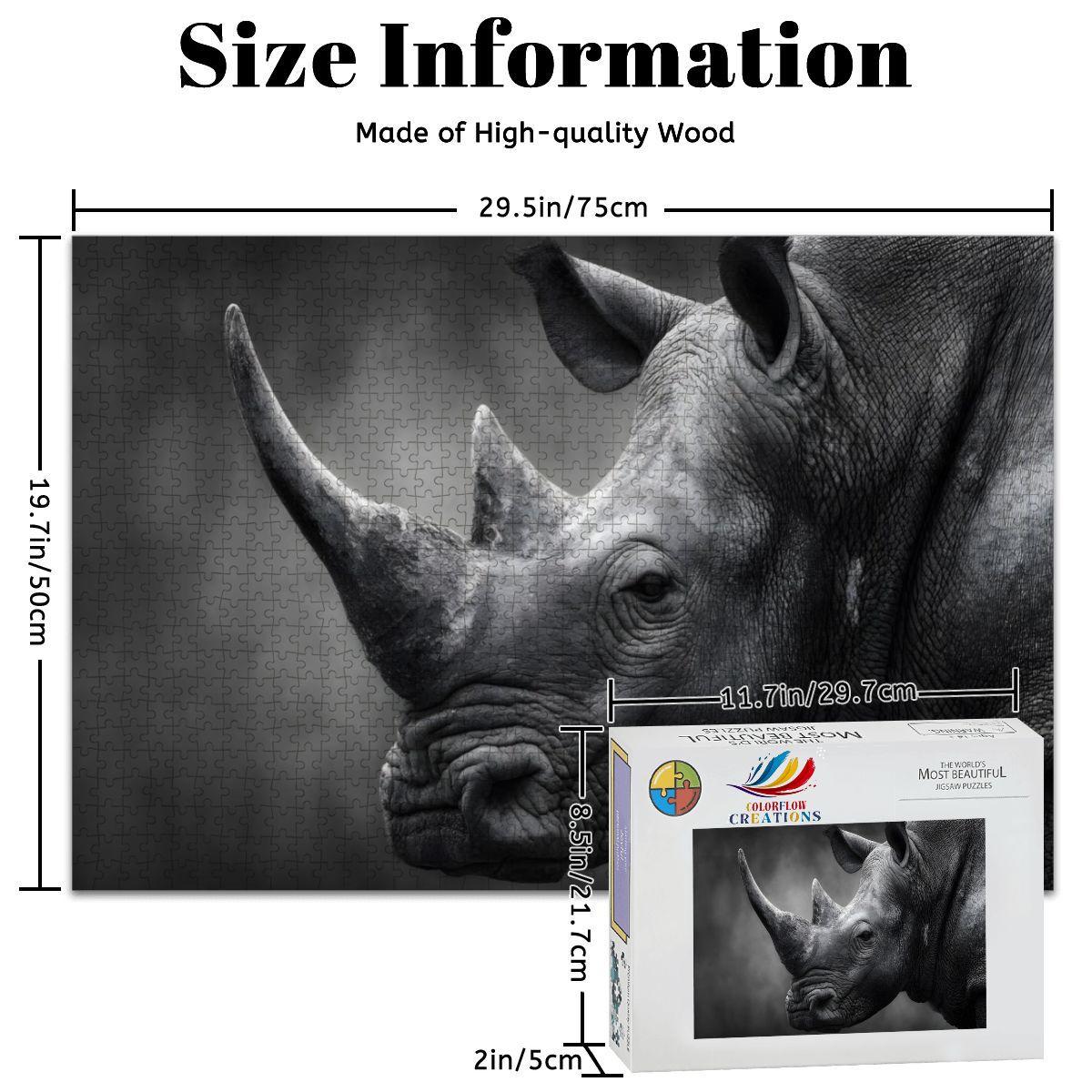 Rhinoceros Wooden Jigsaw Puzzle: Monochrome Wildlife Art