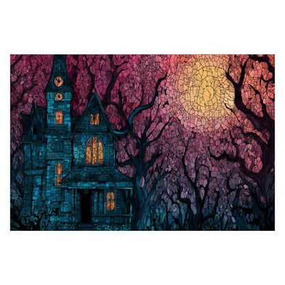 Stained Glass Haunted House Wooden Jigsaw Puzzle: Spooky Gothic Decor