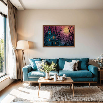 Stained Glass Haunted House Wooden Jigsaw Puzzle: Spooky Gothic Decor