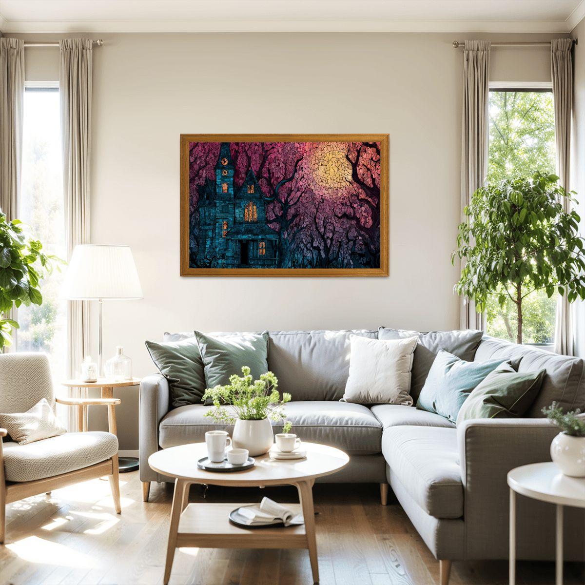 Stained Glass Haunted House Wooden Jigsaw Puzzle: Spooky Gothic Decor