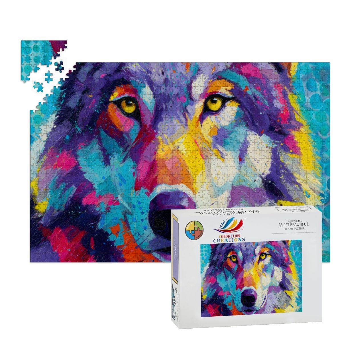 Abstract Wolf Jigsaw Puzzle: Colorful Palette Knife Art, Basswood