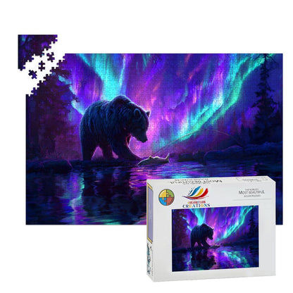Aurora Borealis Wooden Jigsaw Puzzle: Majestic Bear Fishing Scene