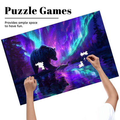 Aurora Borealis Wooden Jigsaw Puzzle: Majestic Bear Fishing Scene