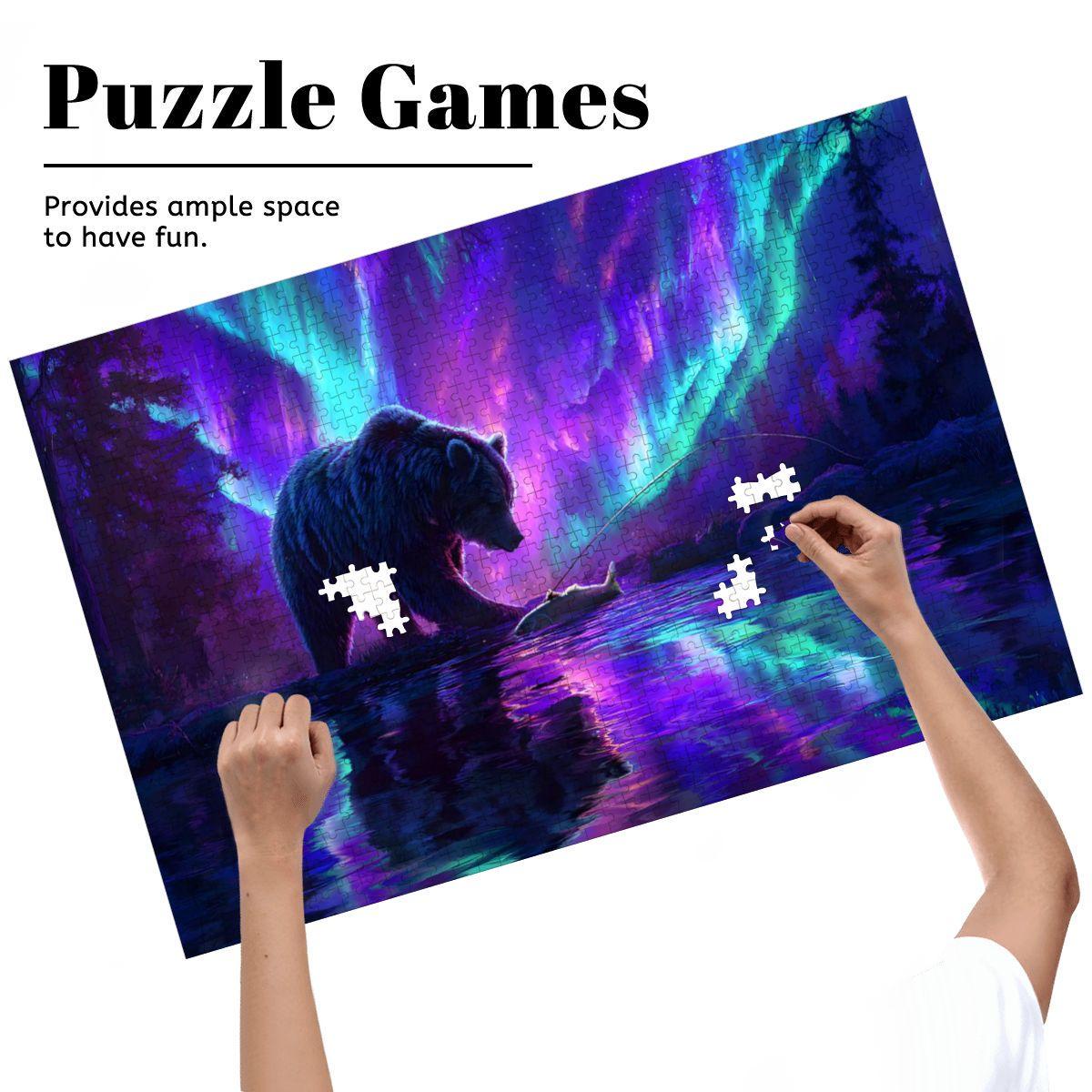 Aurora Borealis Wooden Jigsaw Puzzle: Majestic Bear Fishing Scene