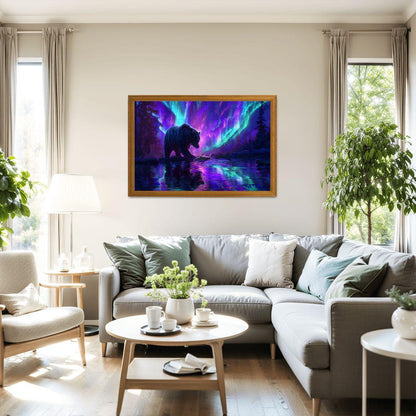 Aurora Borealis Wooden Jigsaw Puzzle: Majestic Bear Fishing Scene