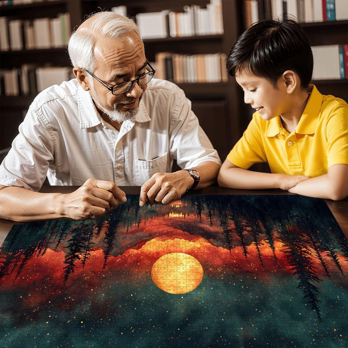 Moonlit Forest Fire Wooden Jigsaw Puzzle: Celestial Woodland Art