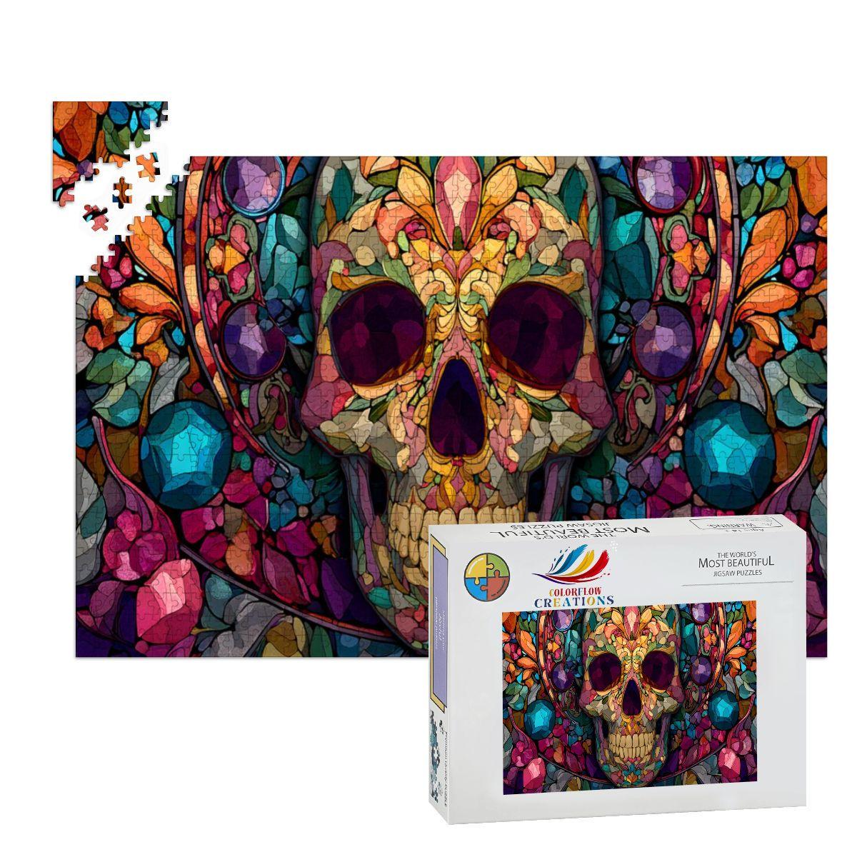 Floral Skull Stained Glass Jigsaw Puzzle: Gothic Botanical Art Decor