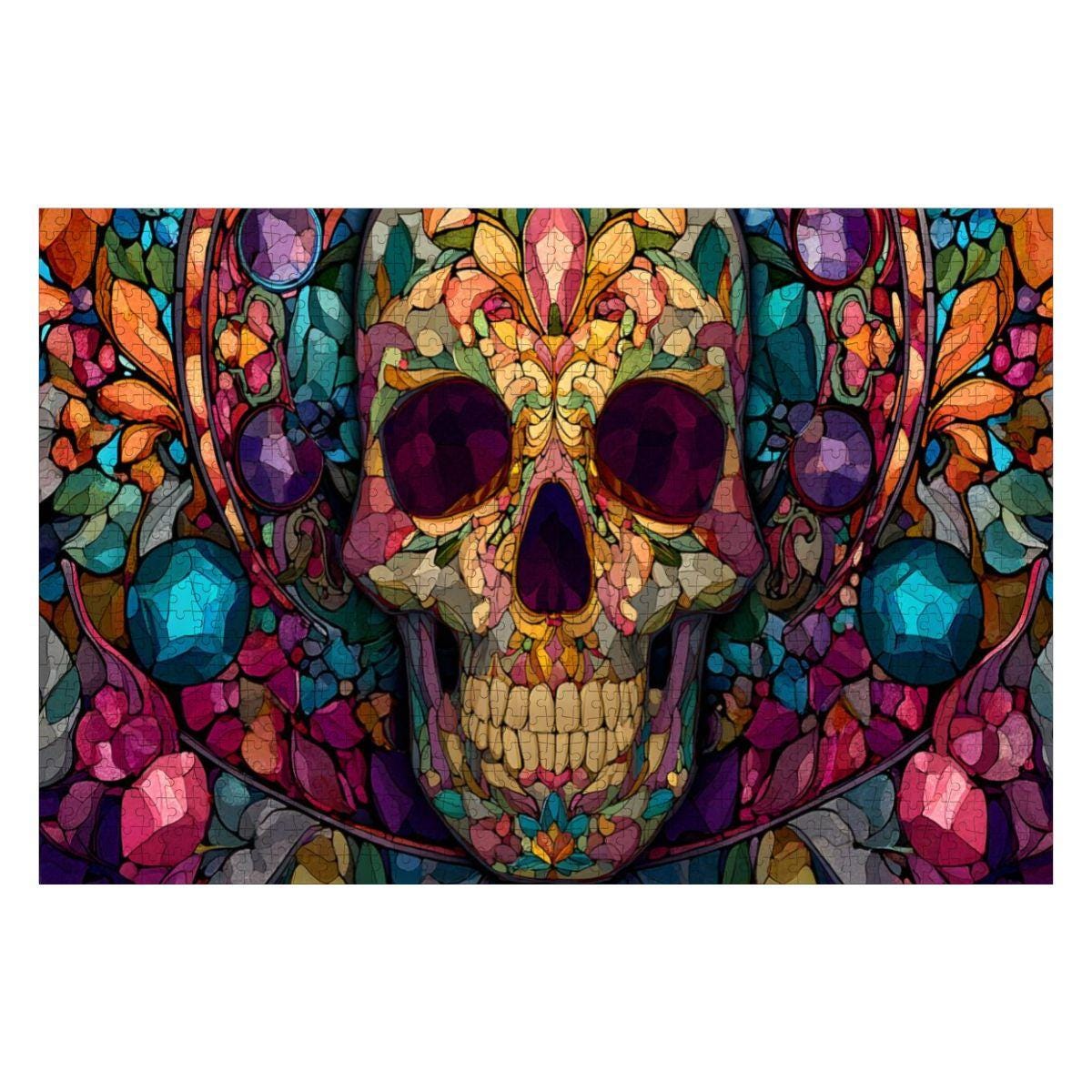 Floral Skull Stained Glass Jigsaw Puzzle: Gothic Botanical Art Decor