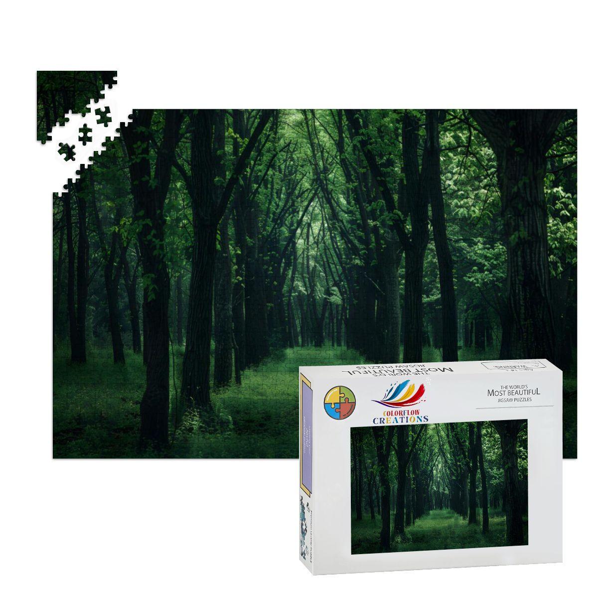 Enchanted Green Forest Wooden Jigsaw Puzzle: Tranquil Woodland Scene