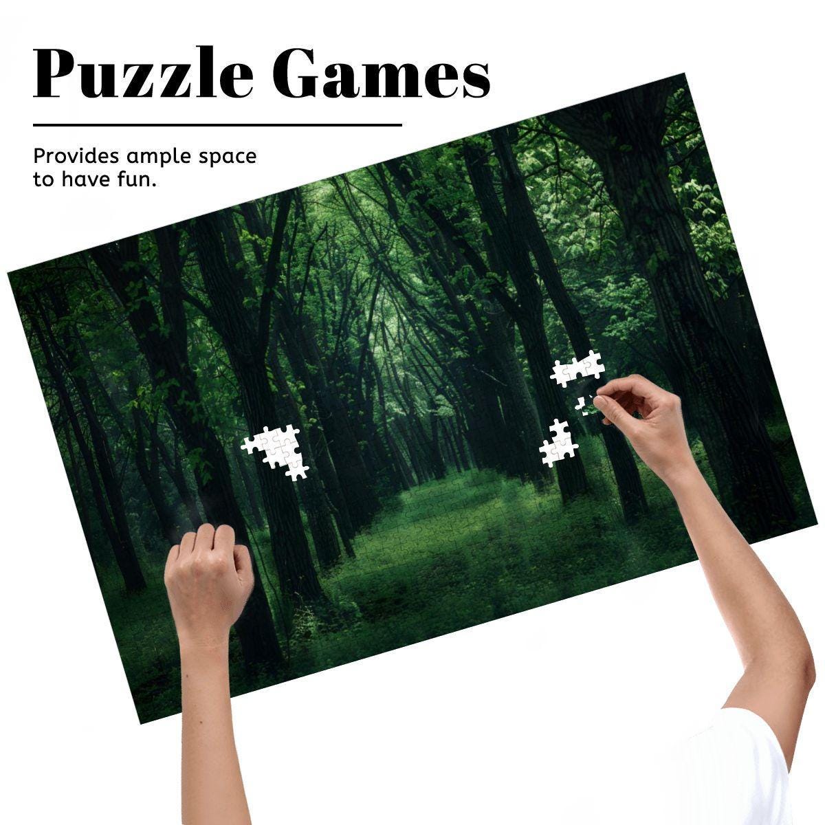 Enchanted Green Forest Wooden Jigsaw Puzzle: Tranquil Woodland Scene