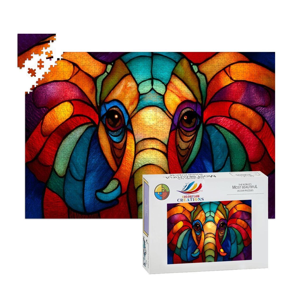 Stained Glass Style Elephant Puzzle: Rainbow Wooden Jigsaw Puzzle
