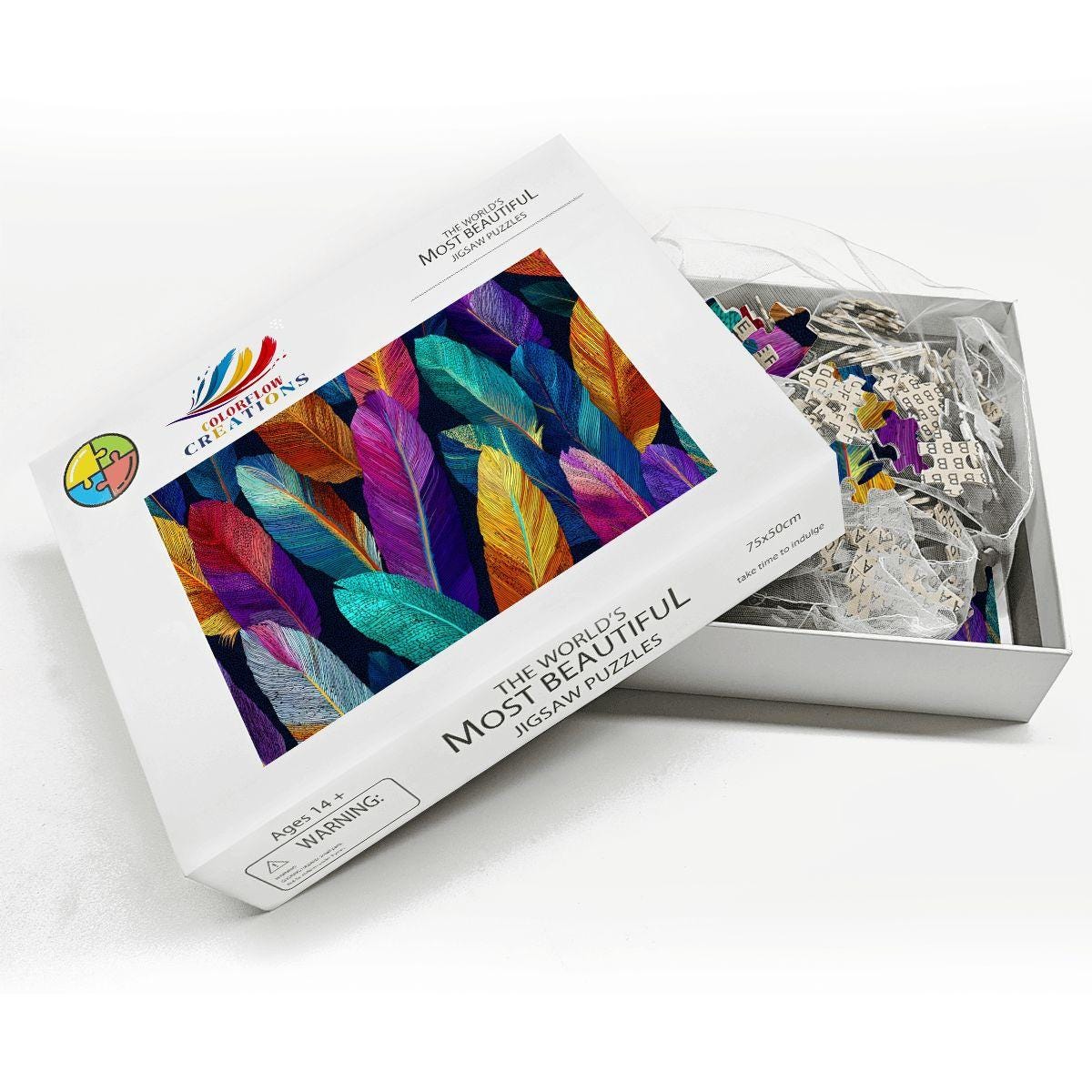 Feather Pattern Jigsaw Puzzle | Vivid Boho Art, Rainbow Colors