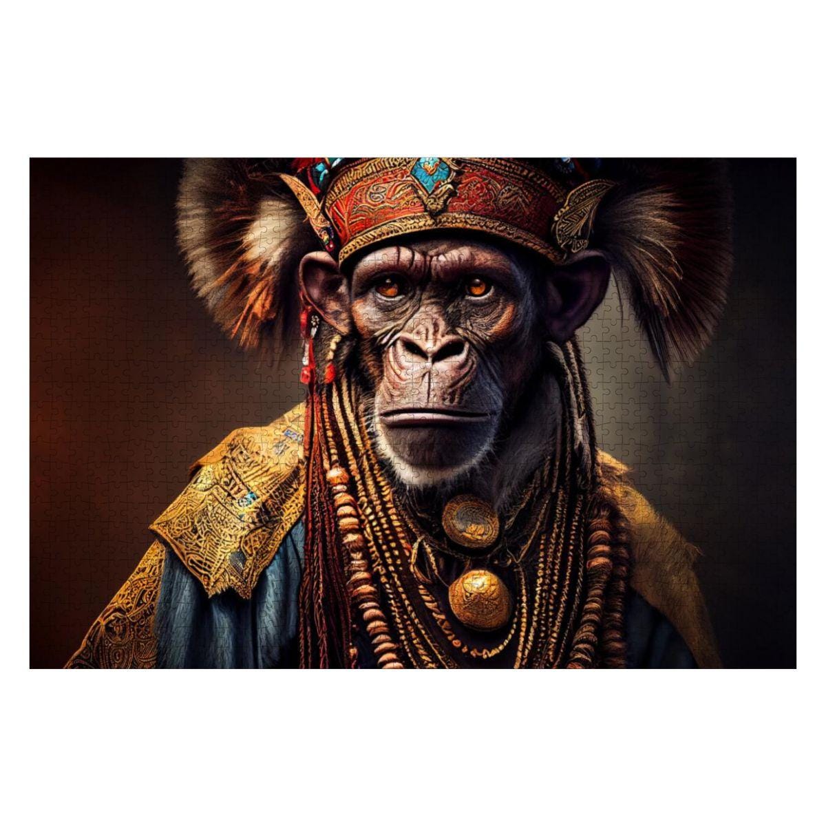 Tribal Gorilla Wooden Jigsaw Puzzle: Ornate Headdress, Basswood, Royal Primate