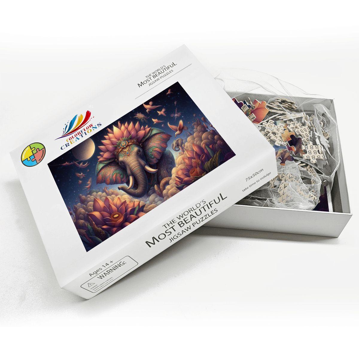 Cosmic Lotus Elephant Wooden Jigsaw Puzzle: Celestial Fantasy Art