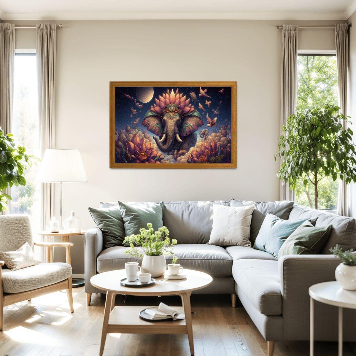 Cosmic Lotus Elephant Wooden Jigsaw Puzzle: Celestial Fantasy Art
