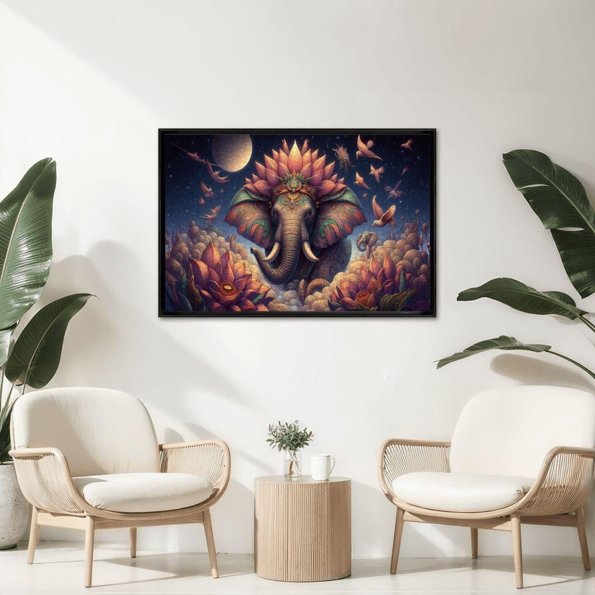 Cosmic Lotus Elephant Wooden Jigsaw Puzzle: Celestial Fantasy Art