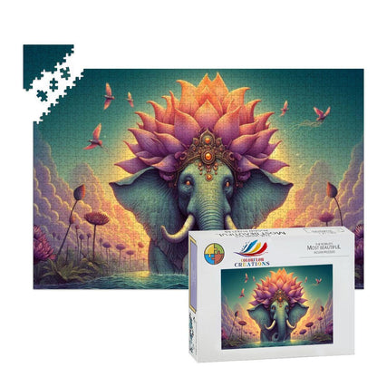Lotus Crowned Elephant Jigsaw Puzzle: Dreamy Sunset Water Garden