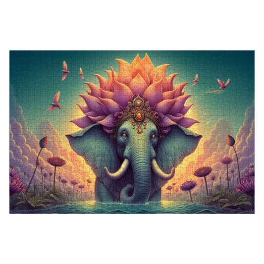 Lotus Crowned Elephant Jigsaw Puzzle: Dreamy Sunset Water Garden