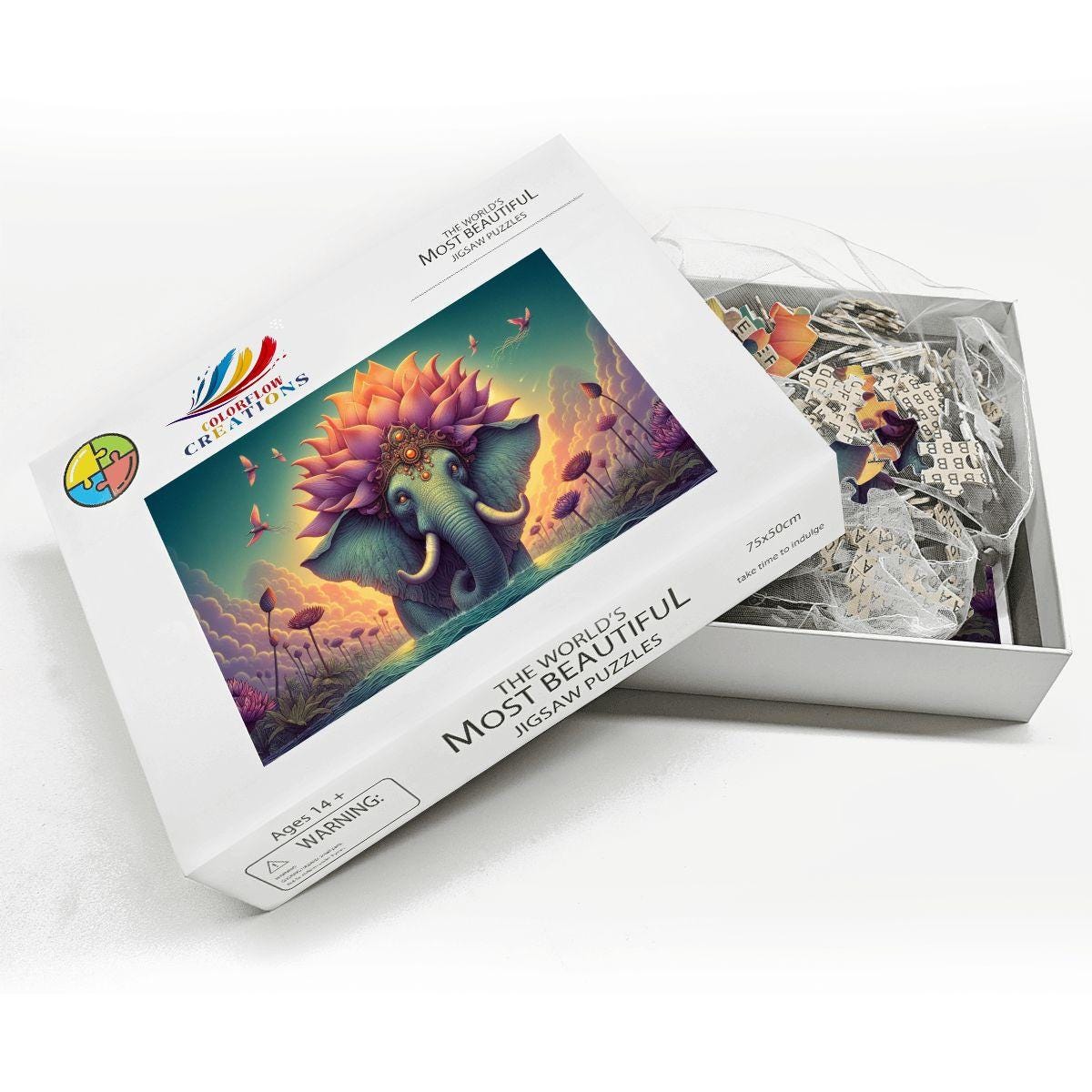 Lotus Crowned Elephant Jigsaw Puzzle: Dreamy Sunset Water Garden