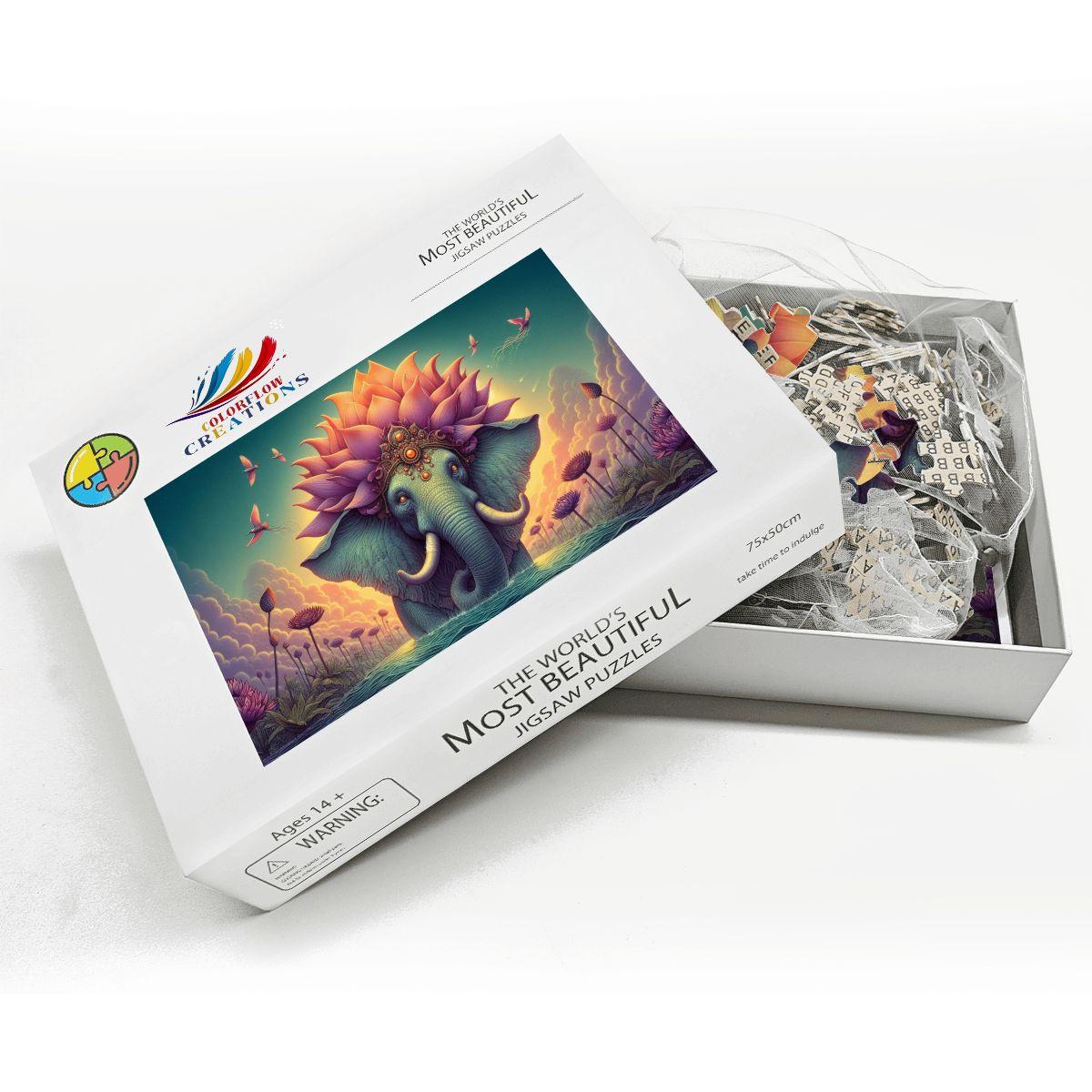 Lotus Crowned Elephant Jigsaw Puzzle: Dreamy Sunset Water Garden